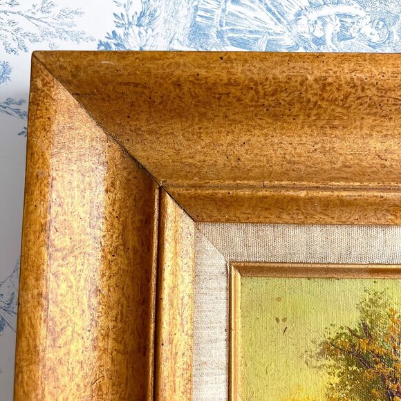 Vintage 10x8in River Bank Forest Still Life Oil Painting Wood Gold Frame Sunset - Picture 7 of 10